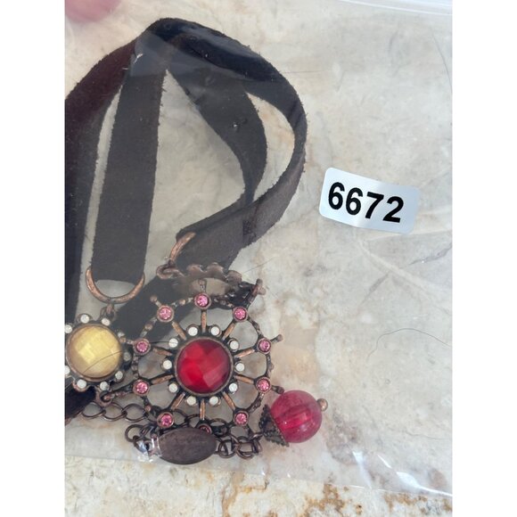 Brown Suede Choker Necklace With Red & Yellow Gemstone Accents Adjustable Chain - Picture 2 of 6